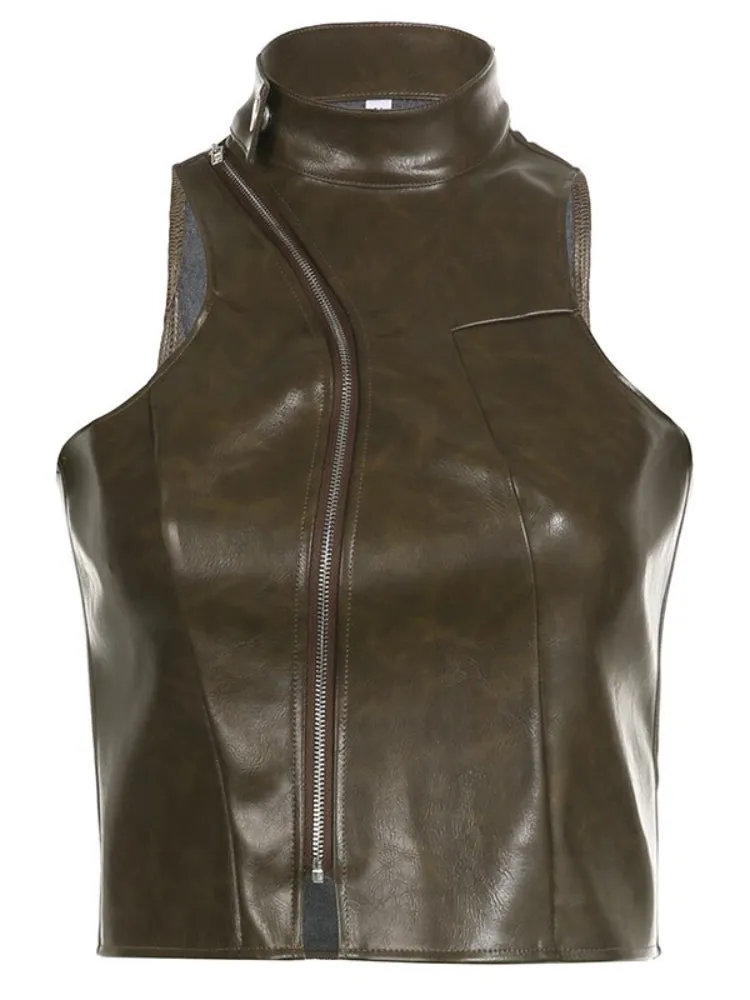 Brown Zipper Sleeveless Leather Top