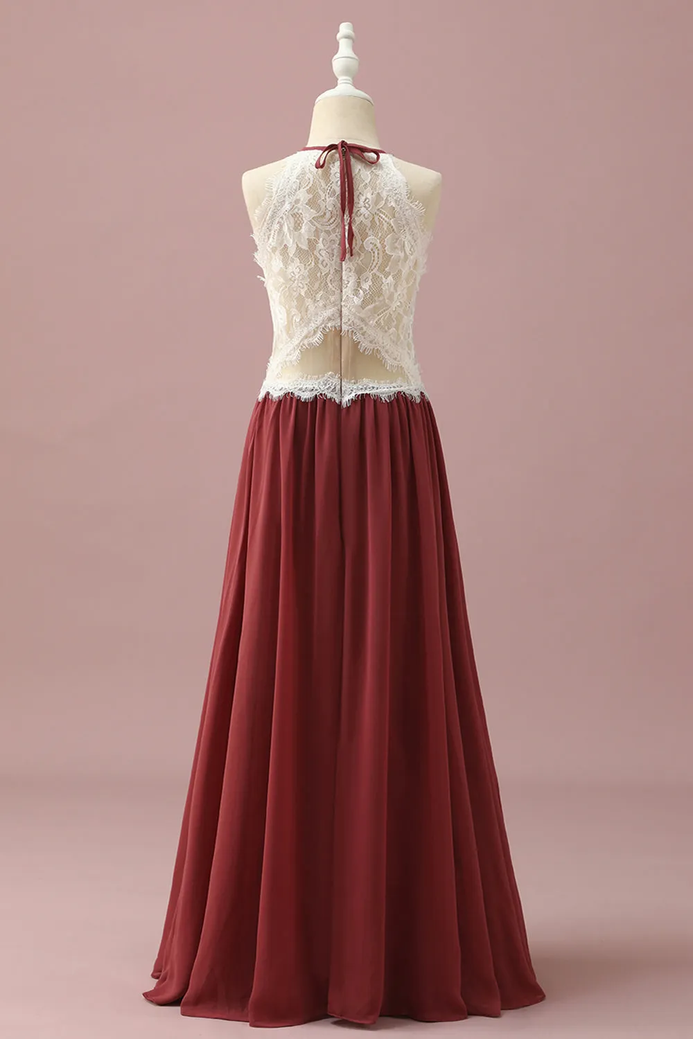 Burgundy Halter Lace and Chiffon Junior Bridesmaid Dress