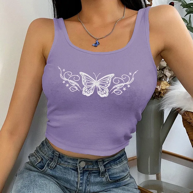 Butterfly Pattern Women Tank Slim Sexy Bralette Crop Top Sleeveless