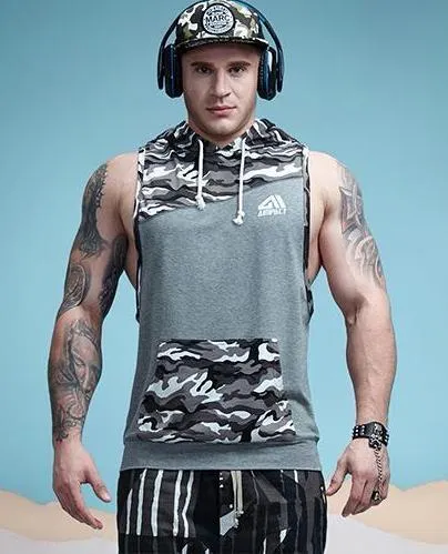 Camouflage Patchwork Fitness Sleeveless Hoodie Tank Top