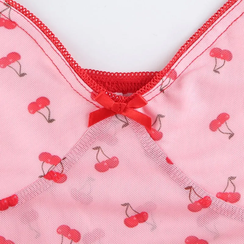 Cherry Print Cute V Neck Slim Sexy Pink Summer Kawaii Crop Top