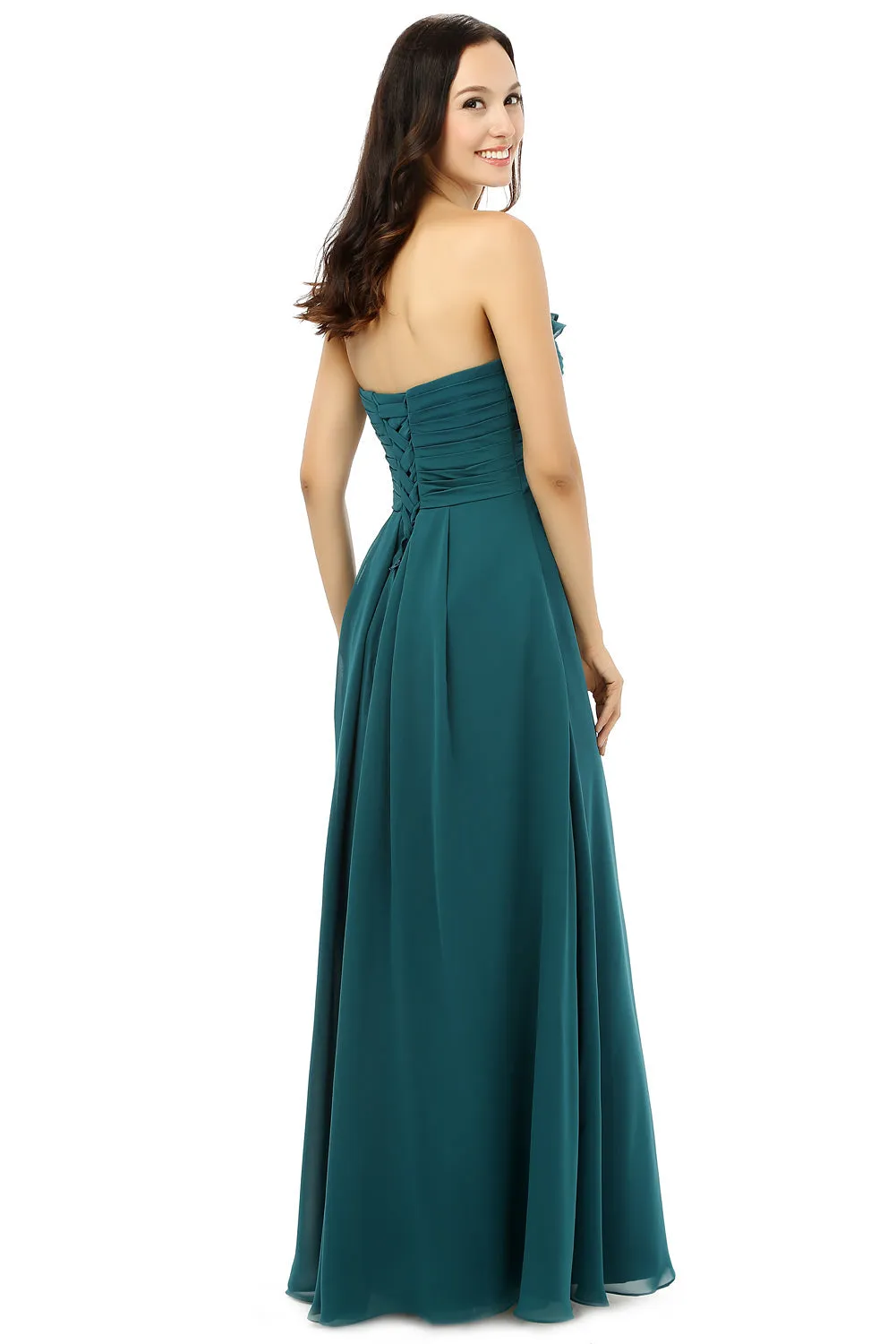 Chiffon Hunter Green Sweatheart Neck Long Bridesmaid Dresses