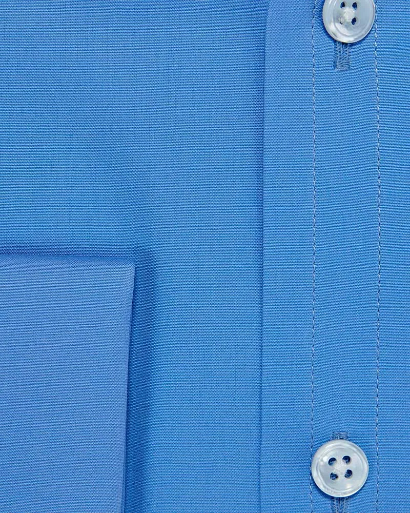 Classic Fit Plain Deep Blue Cotton Poplin Shirt with Classic Collar & Double Cuff