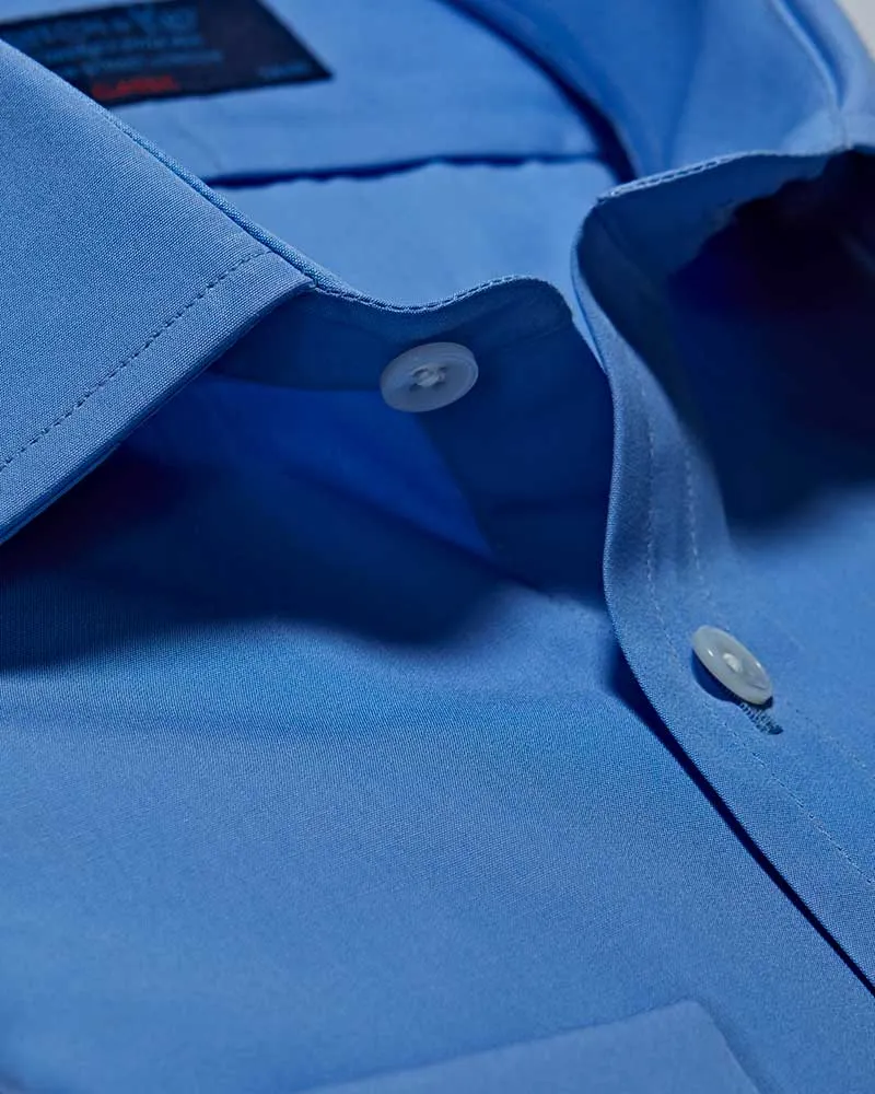 Classic Fit Plain Deep Blue Cotton Poplin Shirt with Classic Collar & Double Cuff