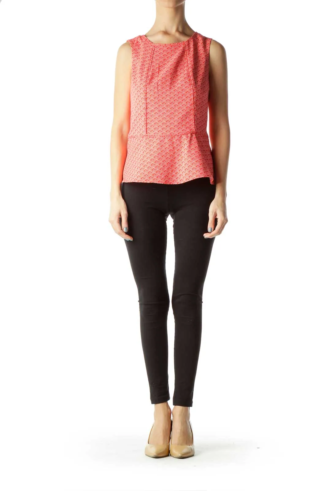 Coral Geometric Print Sleeveless Peplum Top