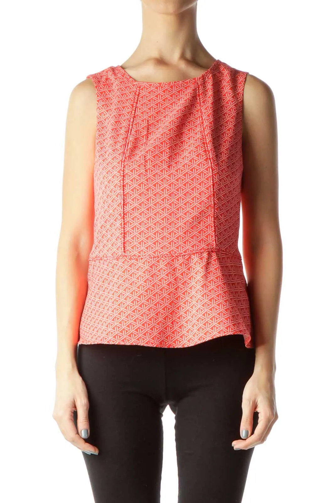 Coral Geometric Print Sleeveless Peplum Top