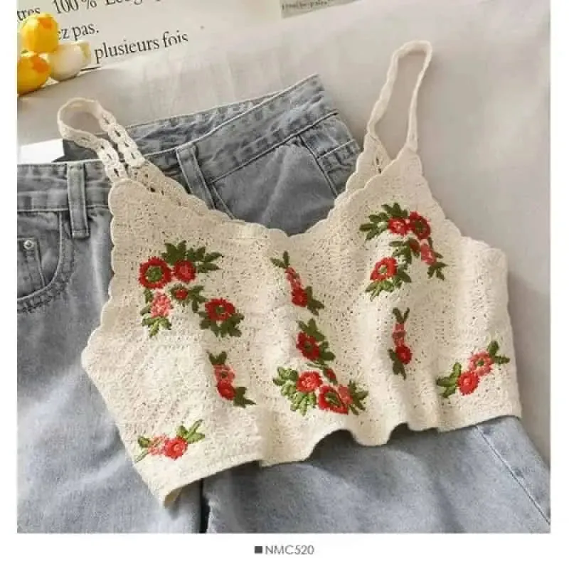 Crochet Floral Print Openwork Crop Tops