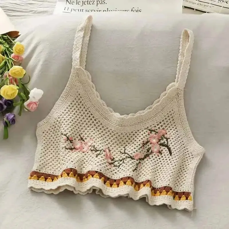 Crochet Floral Print Openwork Crop Tops