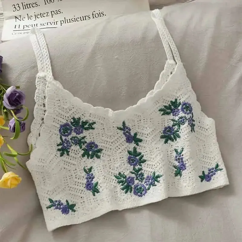 Crochet Floral Print Openwork Crop Tops