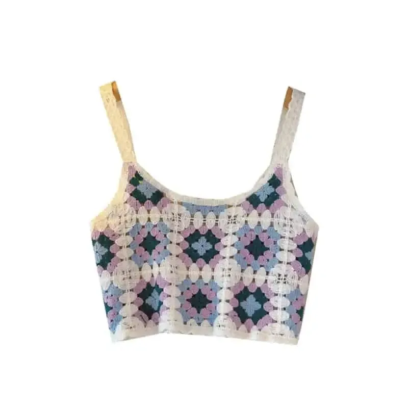 Crochet Floral Print Openwork Crop Tops