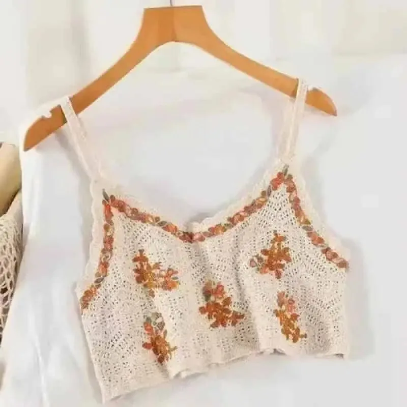 Crochet Floral Print Openwork Crop Tops