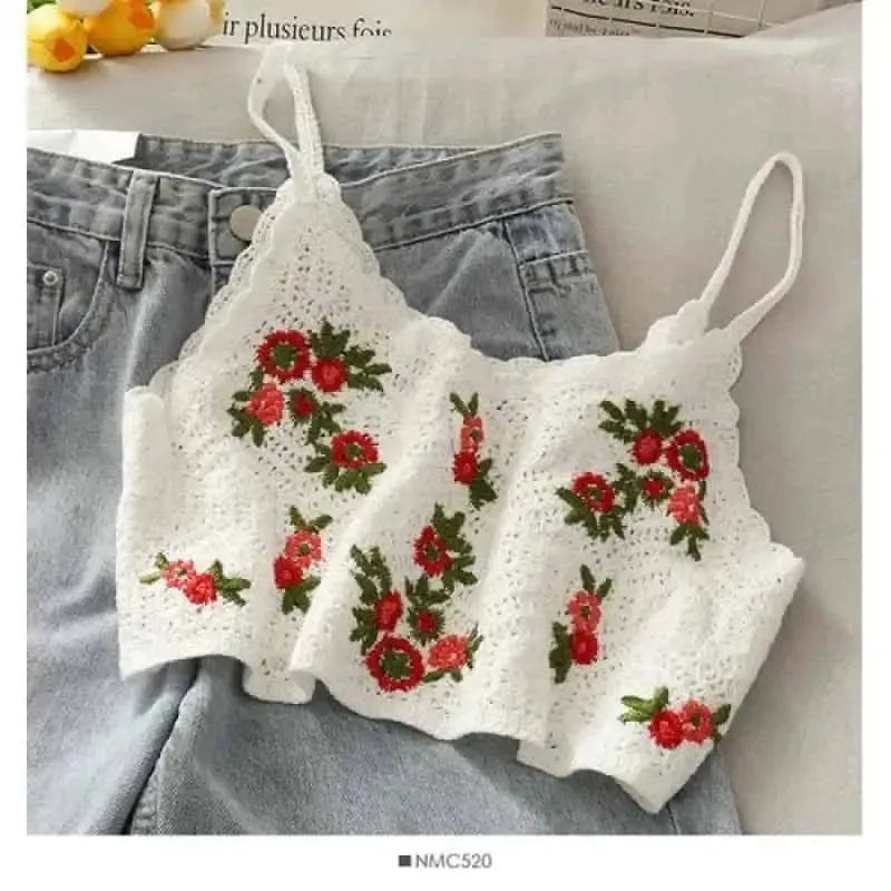 Crochet Floral Print Openwork Crop Tops