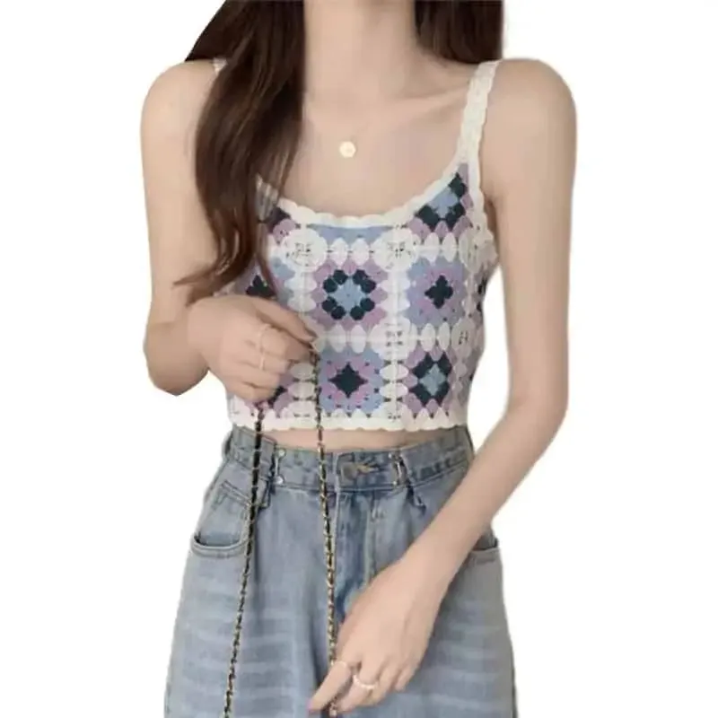 Crochet Floral Print Openwork Crop Tops