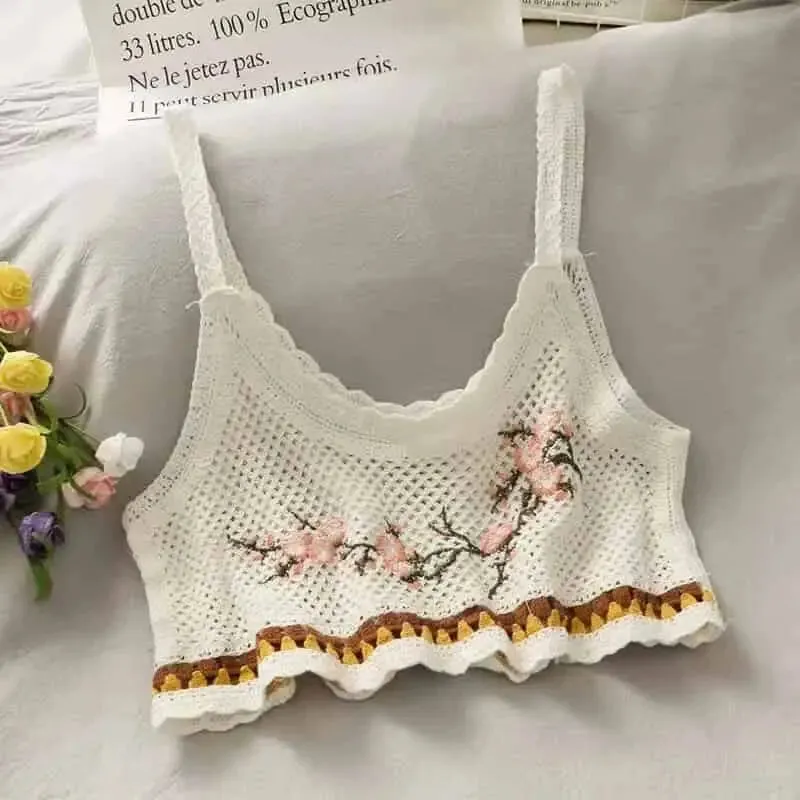 Crochet Floral Print Openwork Crop Tops