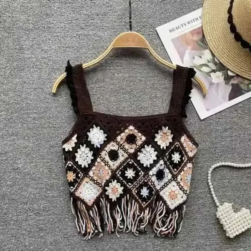 Crochet Floral Print Openwork Crop Tops