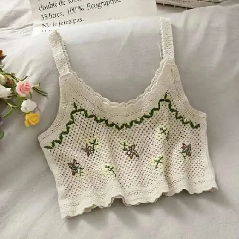 Crochet Floral Print Openwork Crop Tops