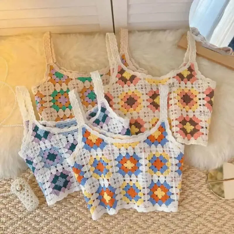 Crochet Floral Print Openwork Crop Tops