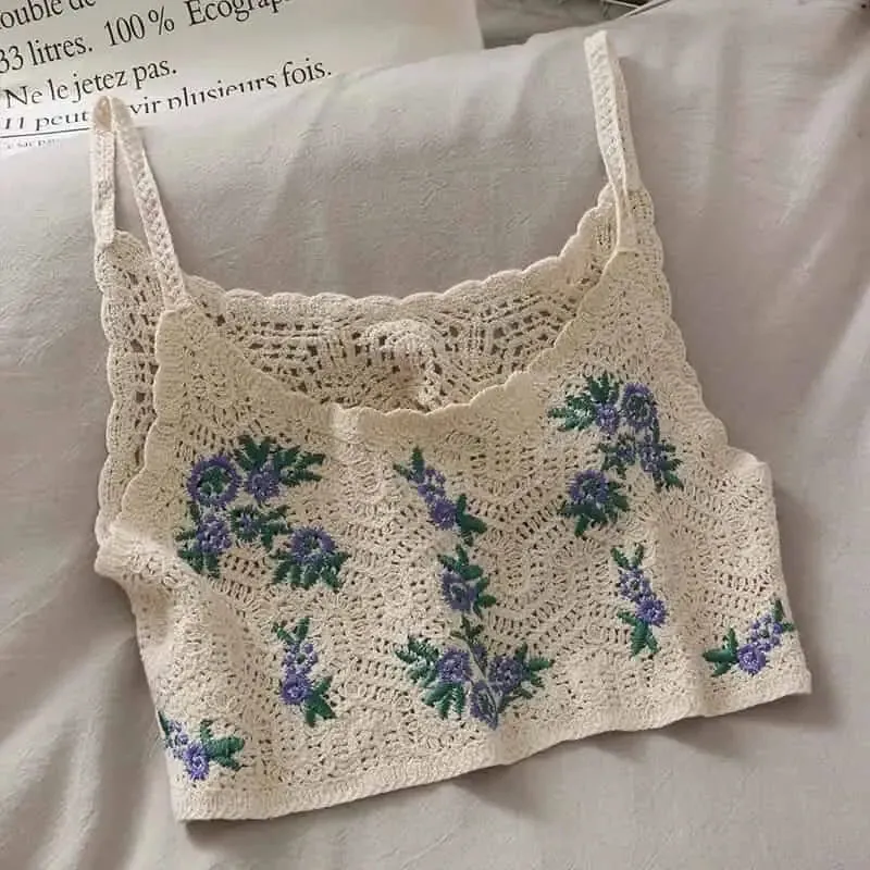 Crochet Floral Print Openwork Crop Tops