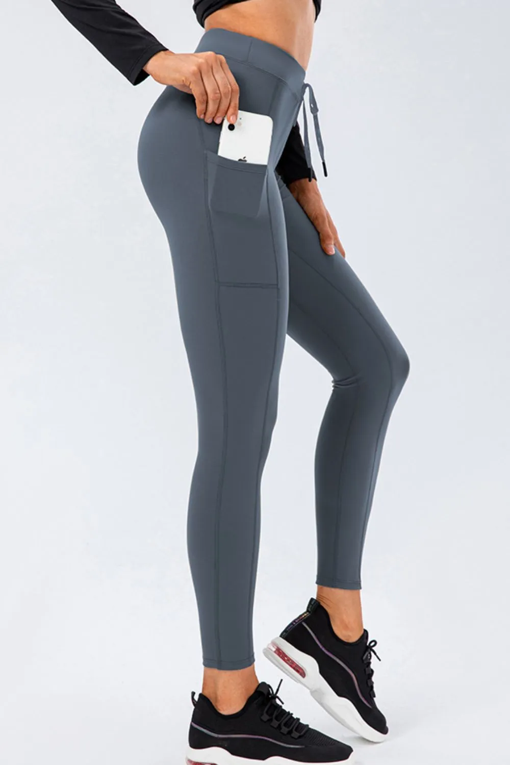 Drawstring Sports Leggings with Side Pockets