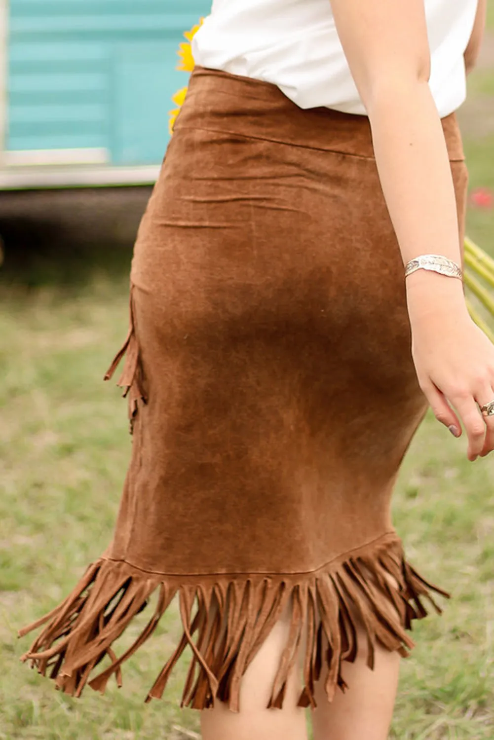 Fringe Asymmetric Wrap Suede Midi Skirt