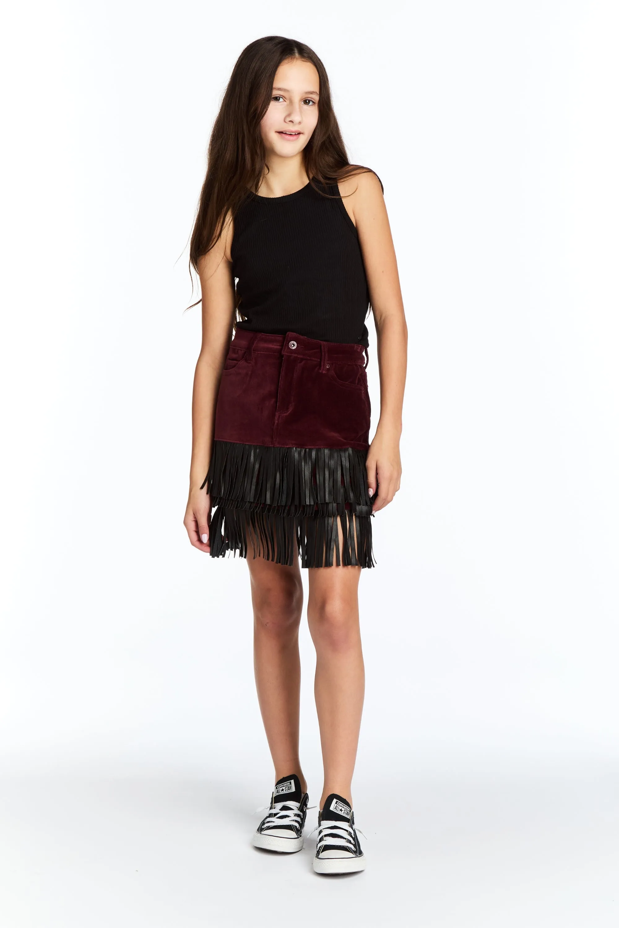 Fringe Mini Skirt In Crimson