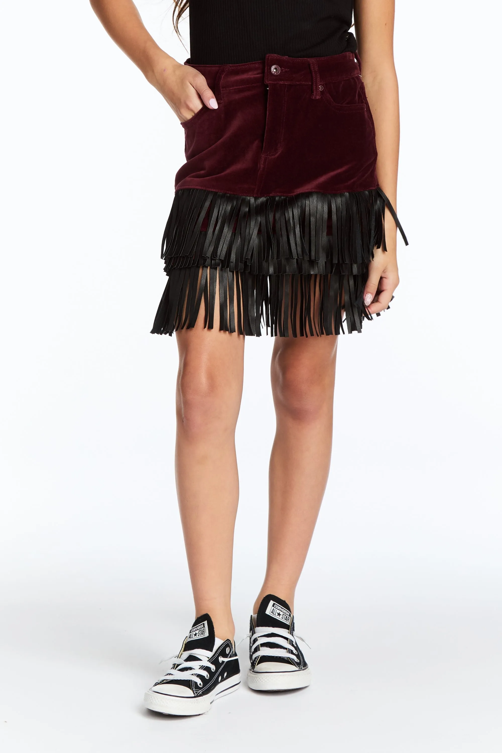 Fringe Mini Skirt In Crimson