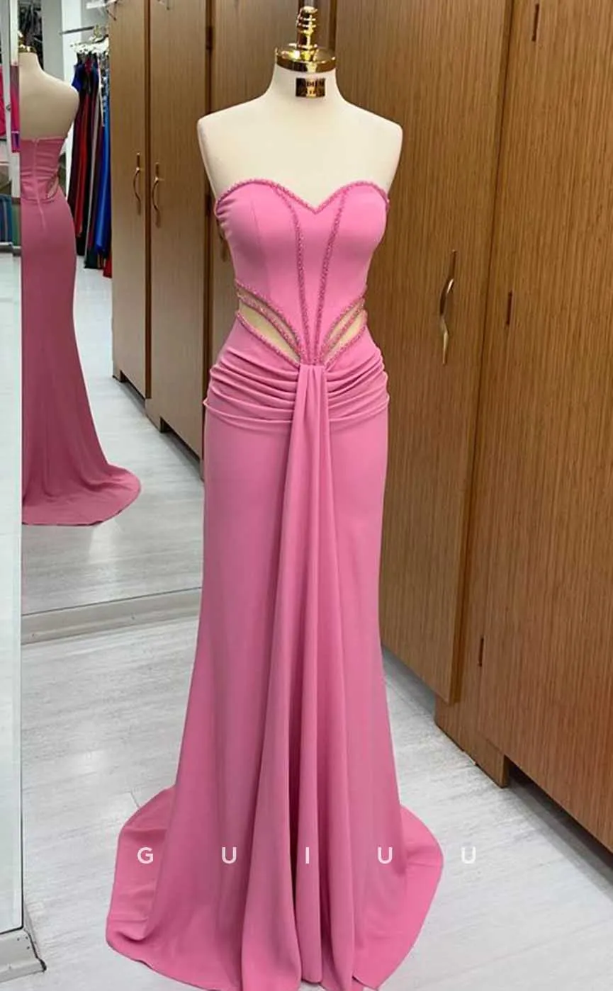 G4494 -  Chic & Cute Mermaid Colum  Strapless Pink Ruched Long Party Prom Dress