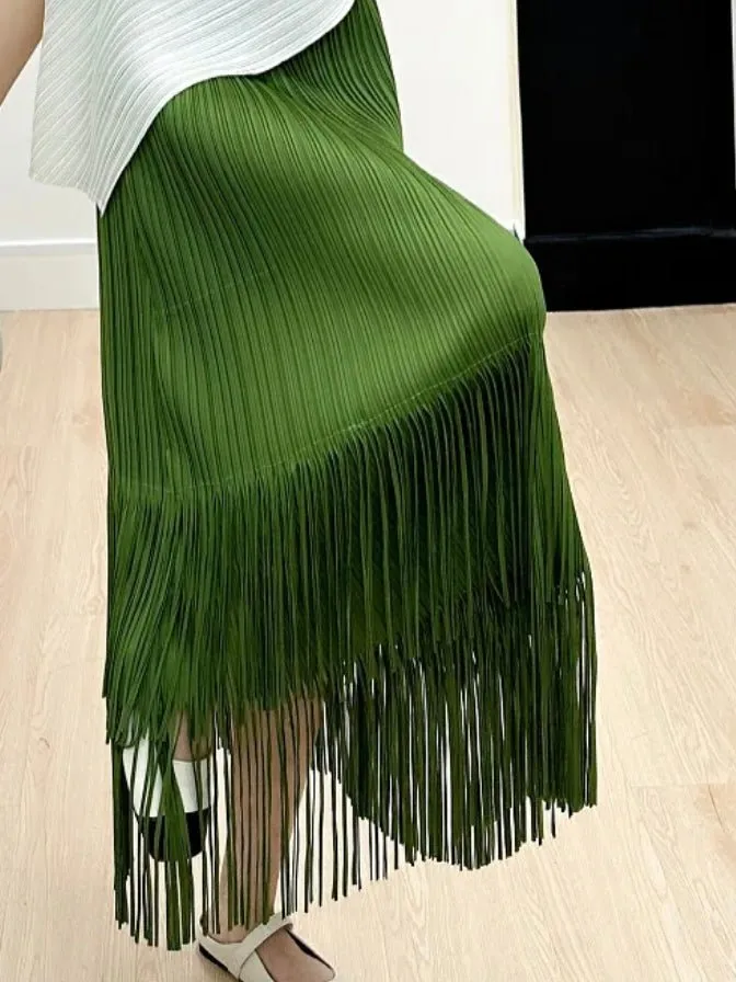 Green tassels tube midi skirt