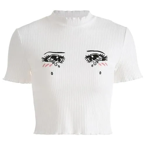 Harajuku Kawaii Comic Graphic Crying Eyes Graffiti Short Sleeve O-Neck Cropped Tees