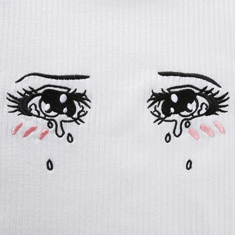 Harajuku Kawaii Comic Graphic Crying Eyes Graffiti Short Sleeve O-Neck Cropped Tees