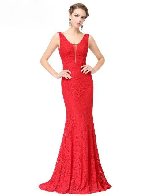 Lace Mermaid Christmas V-Neck Elegant Prom Dresses