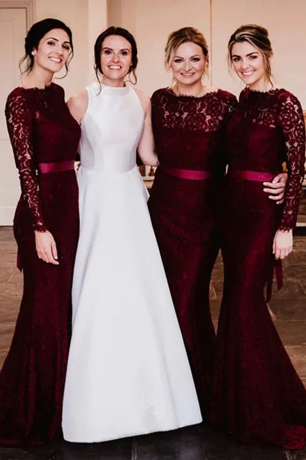 Lace Mermaid Floor Length Long Sleeves Burgundy Bridesmaid Dresses