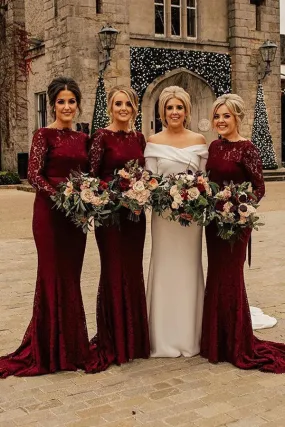 Lace Mermaid Floor Length Long Sleeves Burgundy Bridesmaid Dresses