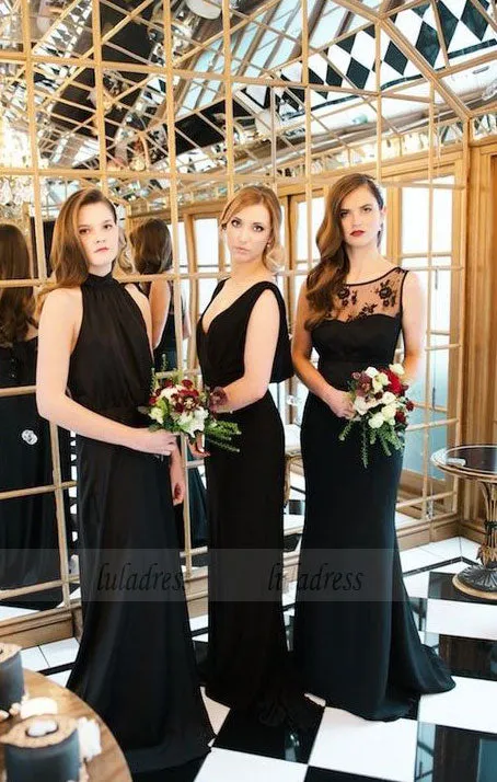 Long Bridesmaid Dresses Chiffon, High Neck Black Bridesmaid Dresses, Open Back Mismatched Bridesmaid Dresses