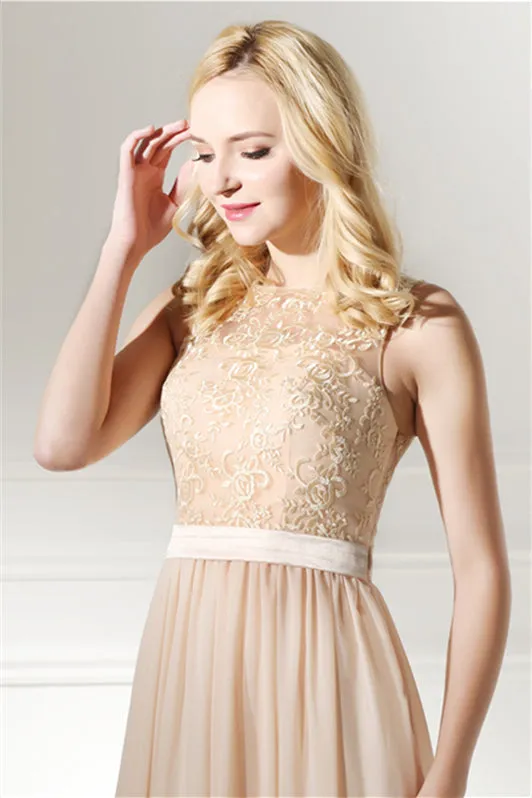 Long Chiffon Champagne Prom Dresses With Lace Bodice