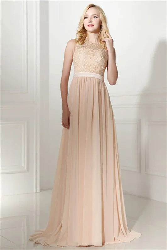 Long Chiffon Champagne Prom Dresses With Lace Bodice