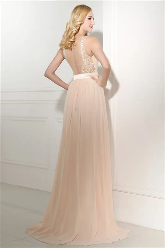 Long Chiffon Champagne Prom Dresses With Lace Bodice