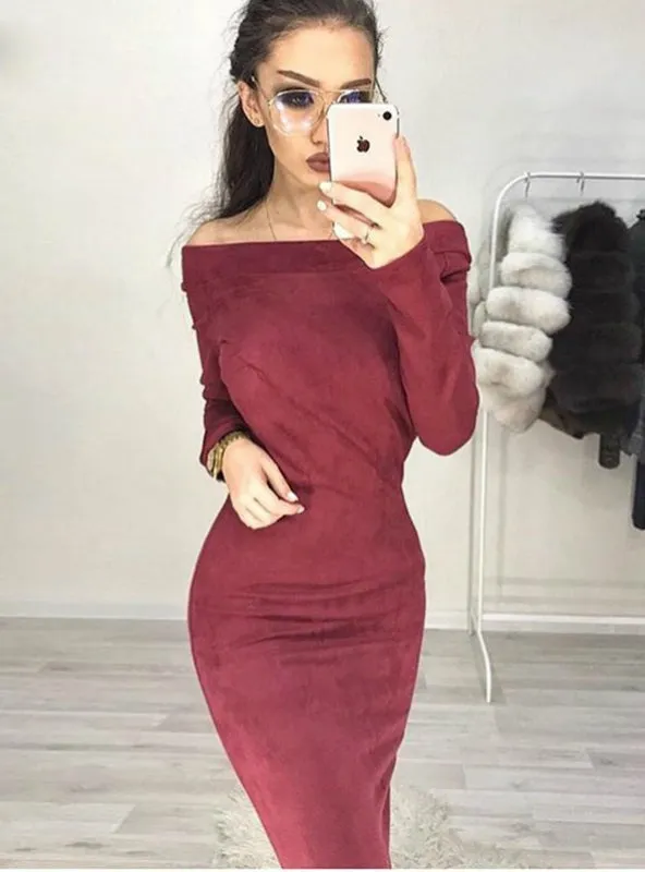 Long Sleeve off shoulder Women mid-calf Dress