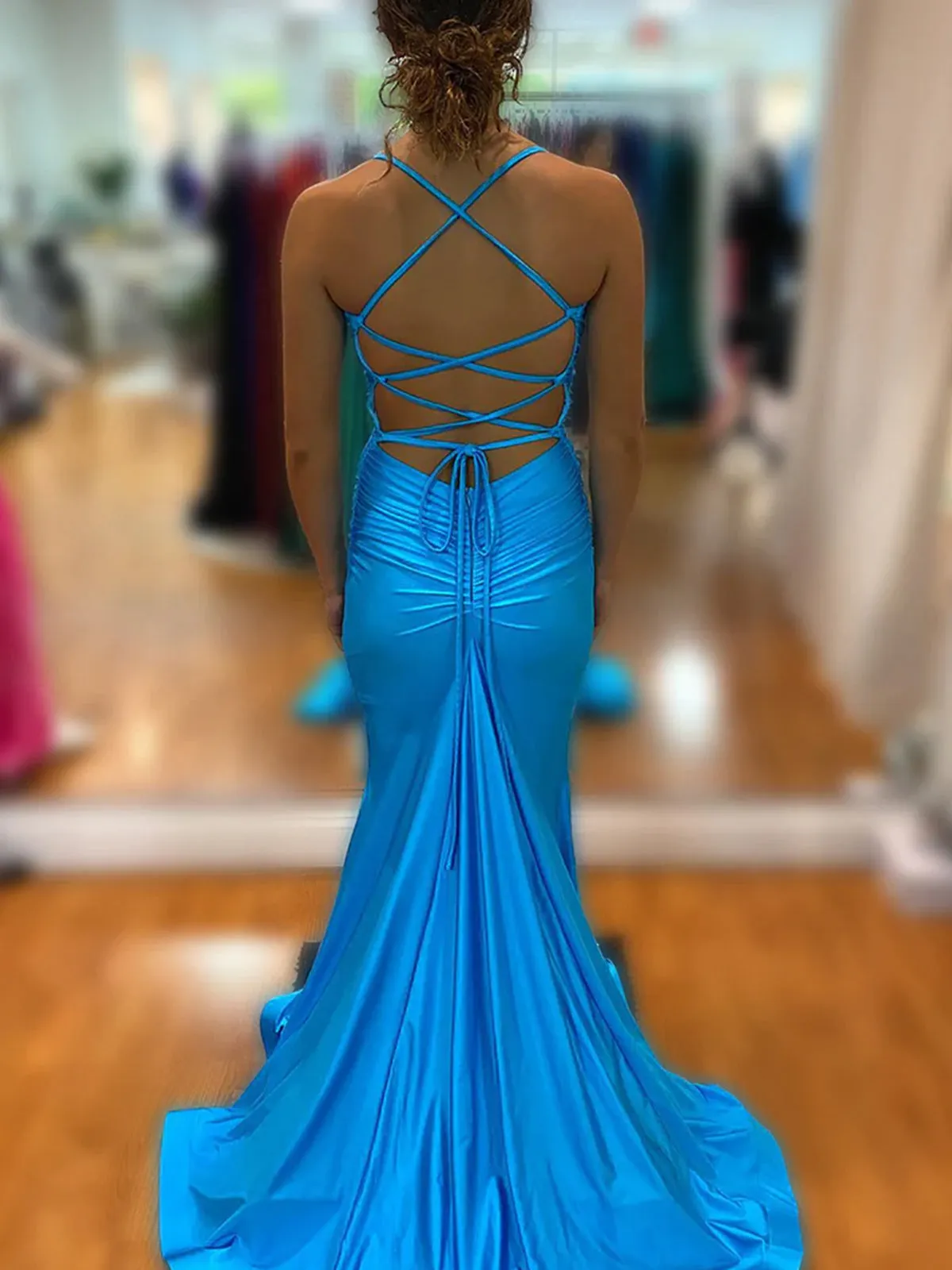 Mako | Cute Mermaid V Neck Blue Satin Slit Prom Dress