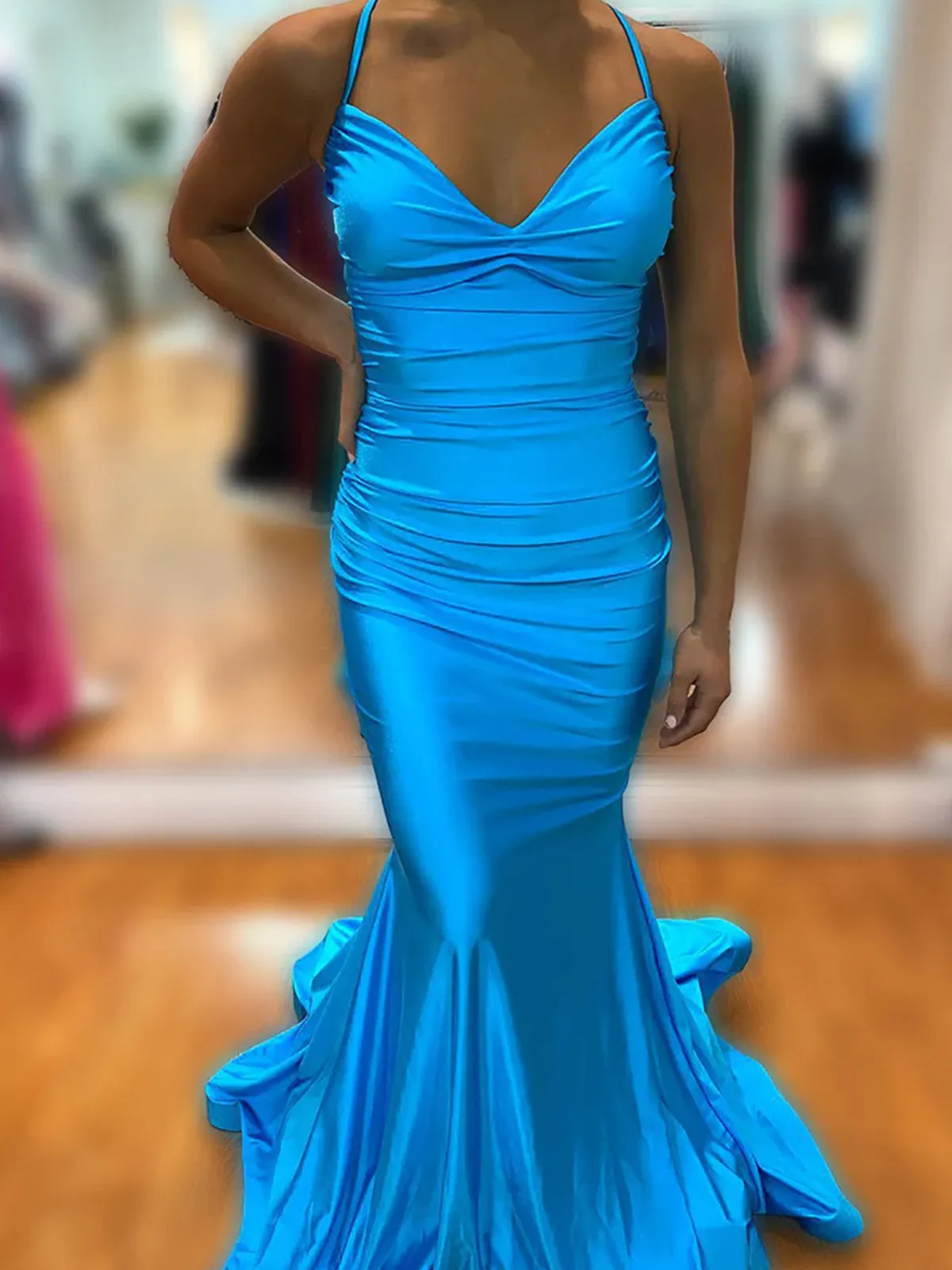 Mako | Cute Mermaid V Neck Blue Satin Slit Prom Dress