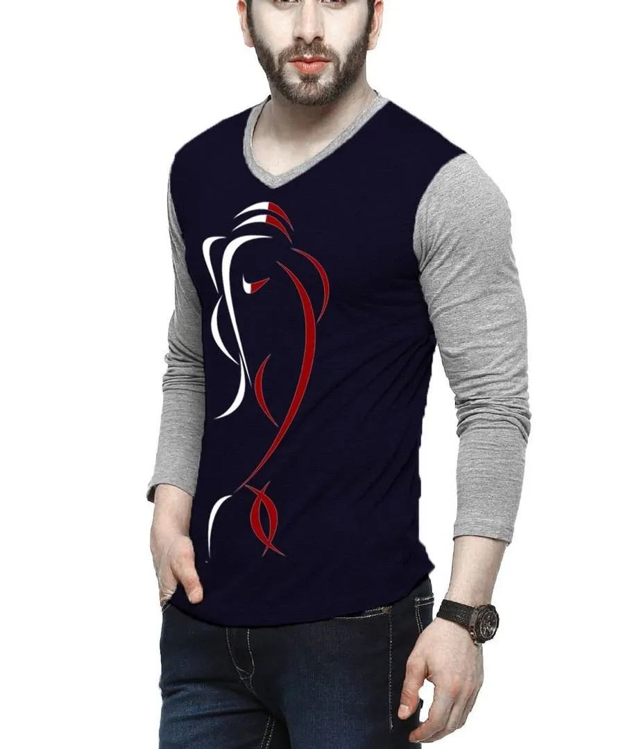 Men's Navy Blue Cotton Self Pattern V Neck Tees