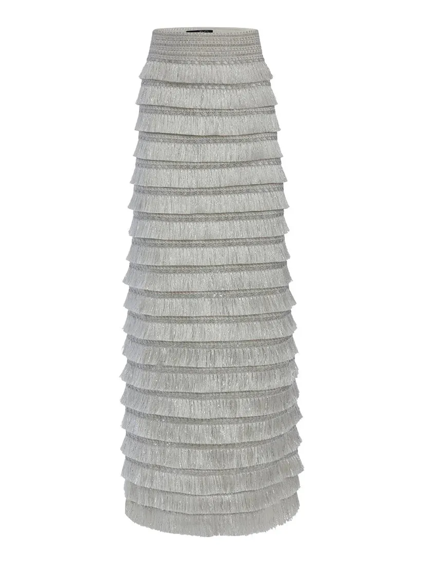 Metallic Fringe Maxi Skirt Silver