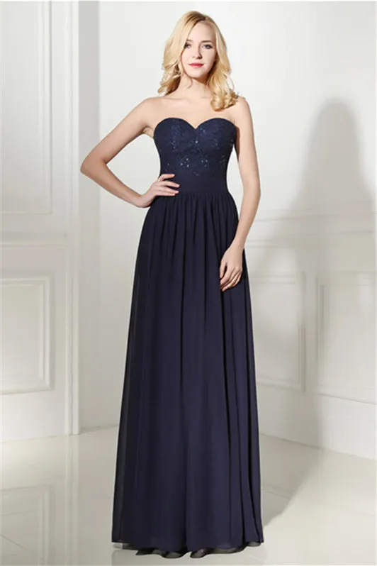 Navy Blue Chiffon Sweetheart Lace Beading Prom Dresses