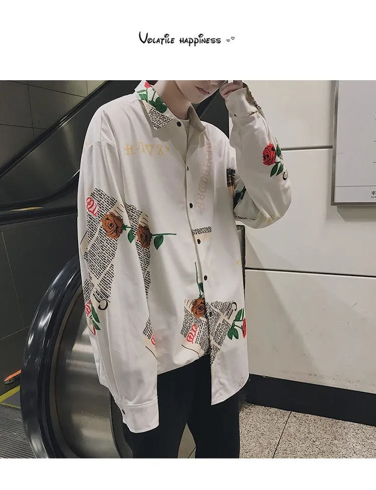 New Long Sleeves FLOWER Printing Classic Style Men's Hawaiian Shirt