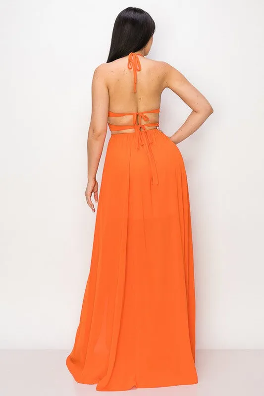 Orange Maxi Dress Tie Neck Double Tie/open Back Slit