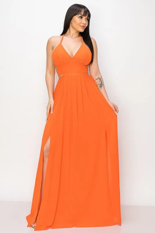 Orange Maxi Dress Tie Neck Double Tie/open Back Slit