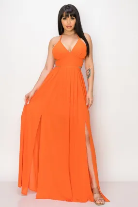 Orange Maxi Dress Tie Neck Double Tie/open Back Slit