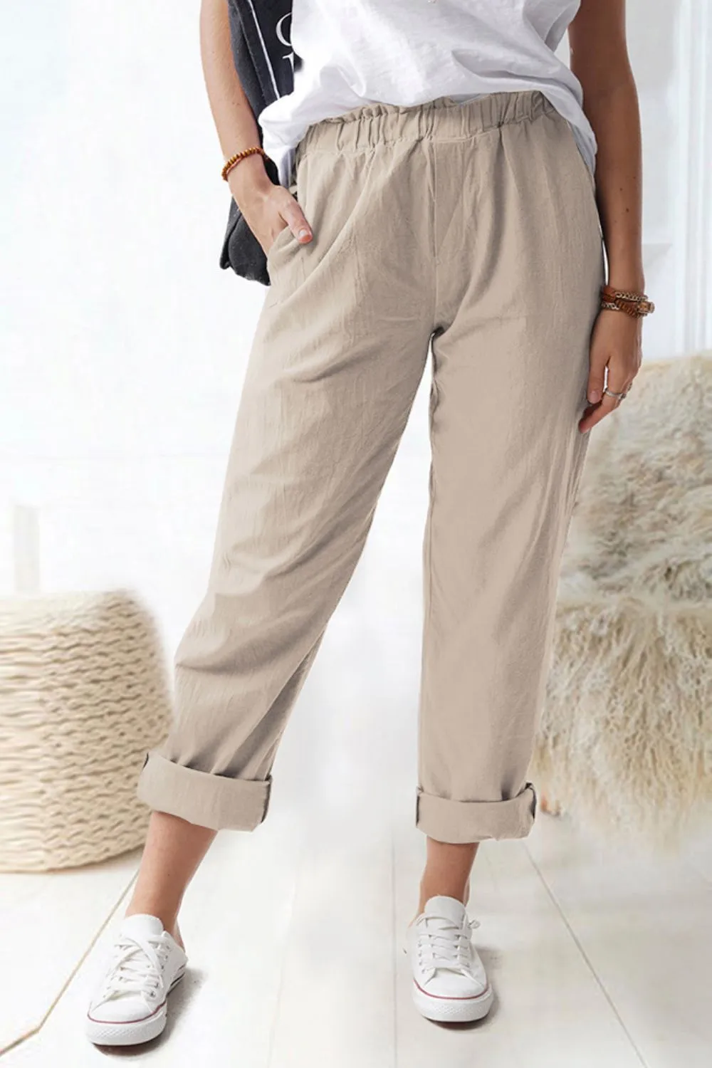 Paperbag Waist Pants with Pockets (Black/Khaki)