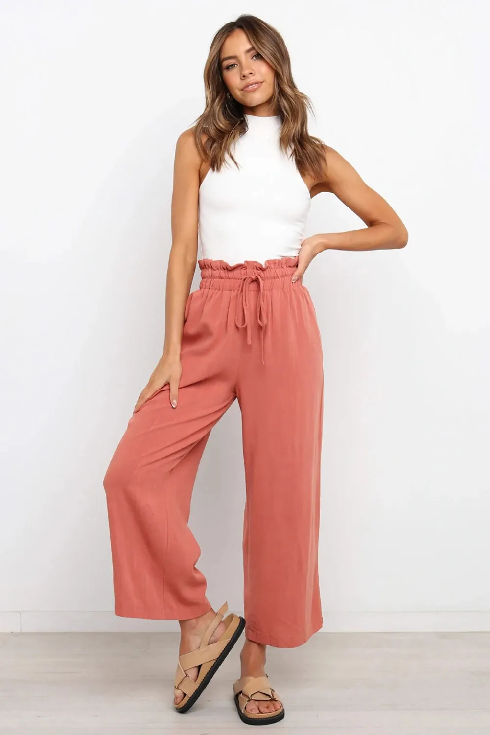 Paperbag Waist Straight Leg Cropped Pants