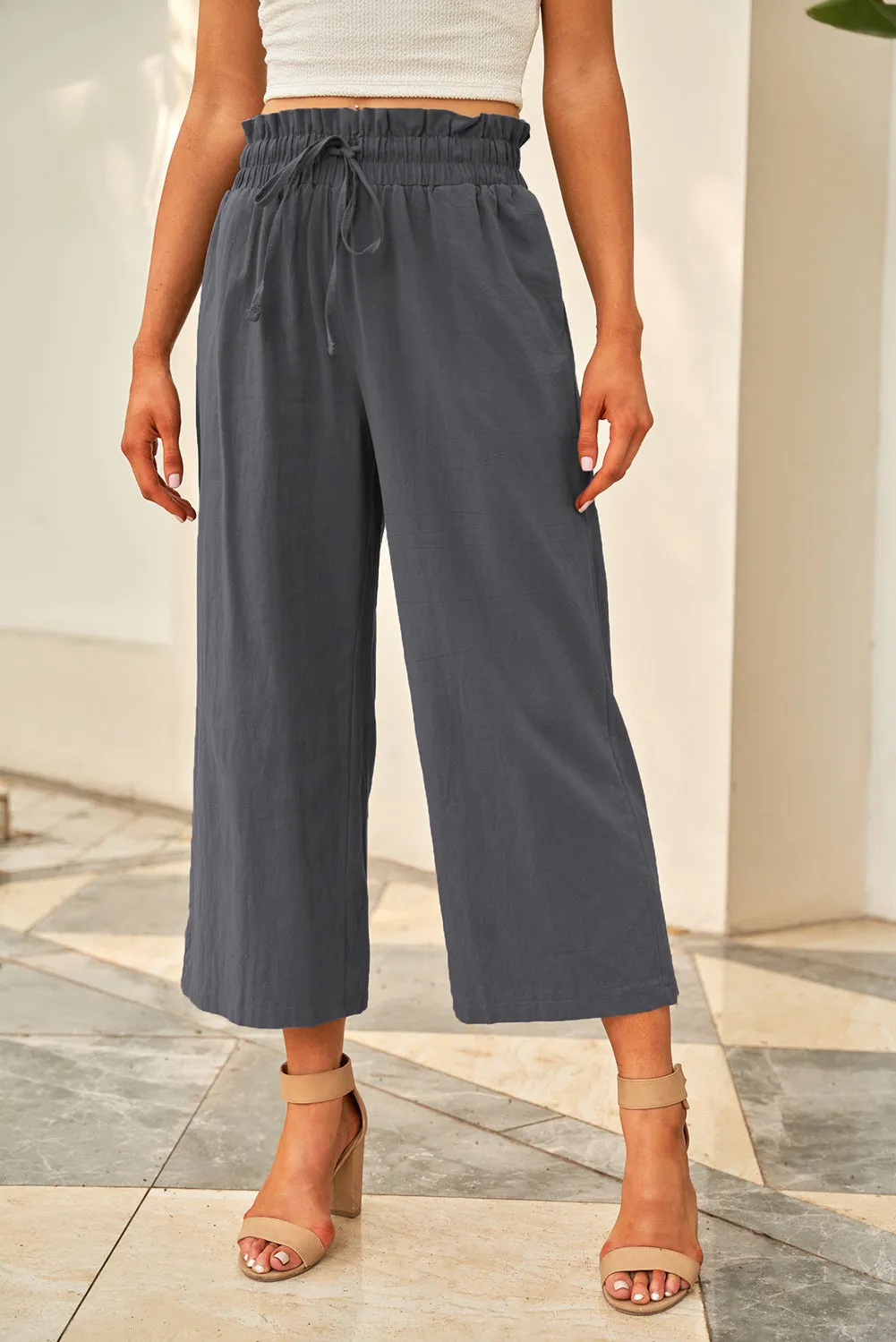 Paperbag Waist Straight Leg Cropped Pants